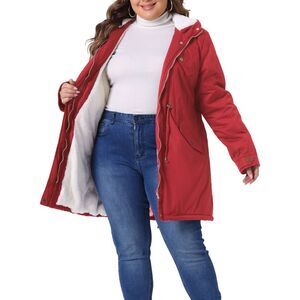Plus Size Parkas Jackets Faux Fur Lined Anorak Coat with Hood Red